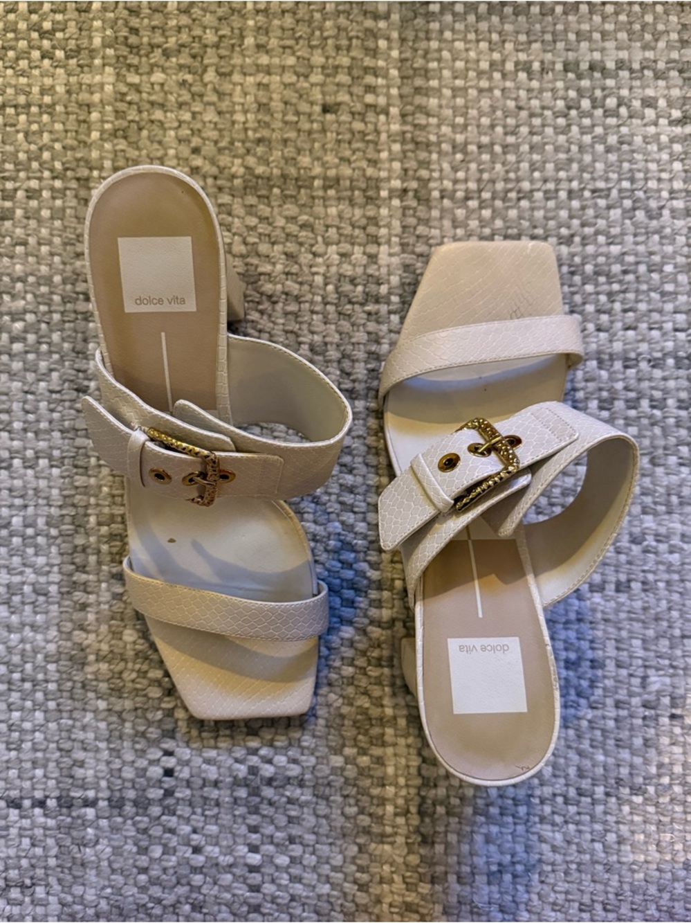 Dolce Vita Cream Slip-On Mules with Gold Buckle Accent